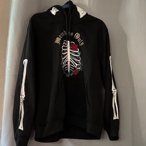 Members Only Black Hoodie with Skeleton and Rose Design